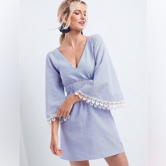 VENUS Dresses & Skirts - Venus Striped Bell Sleeve Dress with Lace Trim